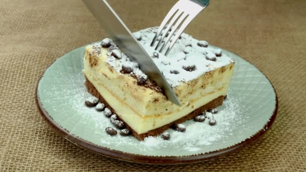 Cream Biscuit Cake Butter Cream Cut Pieces Knife Fork Sweet — Wideo stockowe