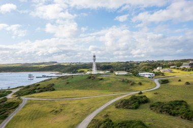 Drone aerial photograph of the Currie Harbour Lighthouse in Currie on King Island in Tasmania in Australia
