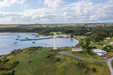 Drone aerial photograph of the Currie Harbour Lighthouse in Currie on King Island in Tasmania in Australia