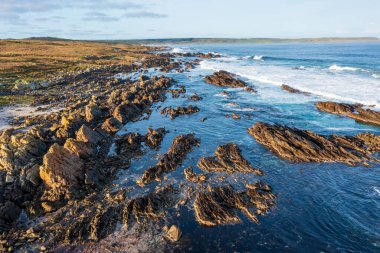 Avustralya 'nın Tazmanya kentindeki King Island' daki Stokes Point 'teki engebeli kıyı şeridinin insansız hava aracı fotoğrafı.