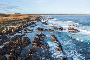 Avustralya 'nın Tazmanya kentindeki King Island' daki Fitzmaurice Körfezi 'nin engebeli ve kayalık kıyı şeridinin insansız hava aracı fotoğrafı.