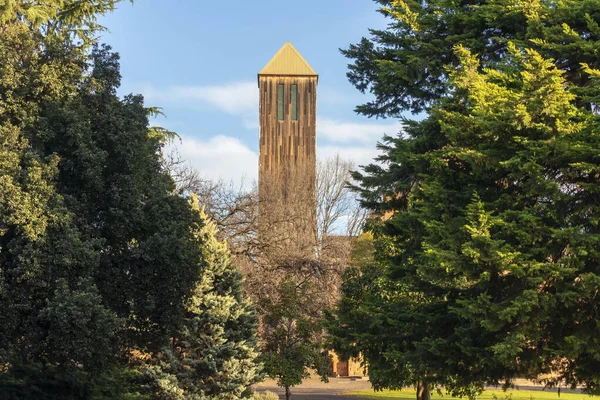 Photograph Tall Church Tower Blue Sky Wangaratta Surrounded Large Green Stock Picture