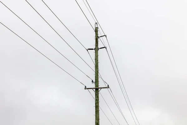 Foto Eines Grünen Hölzernen Stromleitungsmasten Mit Einer Vielzahl Von Übertragungsdrähten — Stockfoto