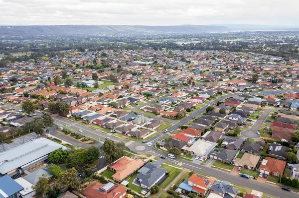 stock image Drone aerial photograph of houses and roads in the suburb of Glenmore Park in New South Wales in Australia