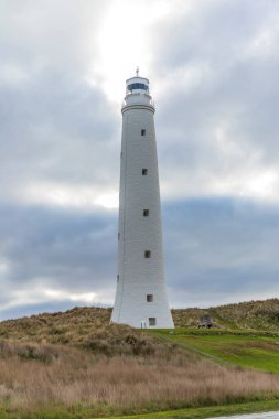 Cape Wickham Deniz Feneri 'nin Avustralya' daki Tazmanya 'daki King Island' daki Bass Boğazı yakınlarındaki yeşil bir tarlada çekilmiş fotoğrafı.