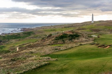 Cape Wickham Deniz Feneri 'nin Avustralya' daki Tazmanya 'daki King Island' daki Bass Boğazı 'na bakan yeşil bir tepedeki fotoğrafı.