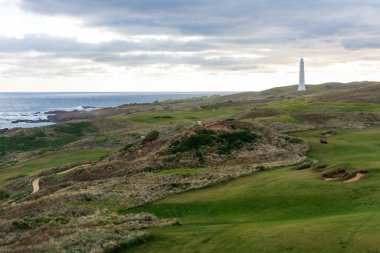 Cape Wickham Deniz Feneri 'nin Avustralya' daki Tazmanya 'daki King Island' daki Bass Boğazı 'na bakan yeşil bir tepedeki fotoğrafı.