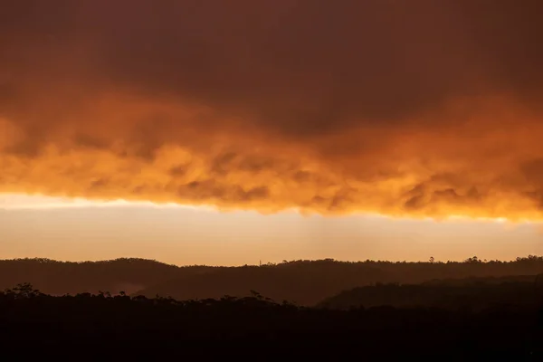 Photograph Bright Orange Sunset Sky Large Valley Thunderstorm Blue Mountains — Stock Photo, Image