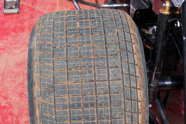 Photograph Tread Pattern Large Rubber Speedway Race Car Tyres Pit — Stock Photo, Image