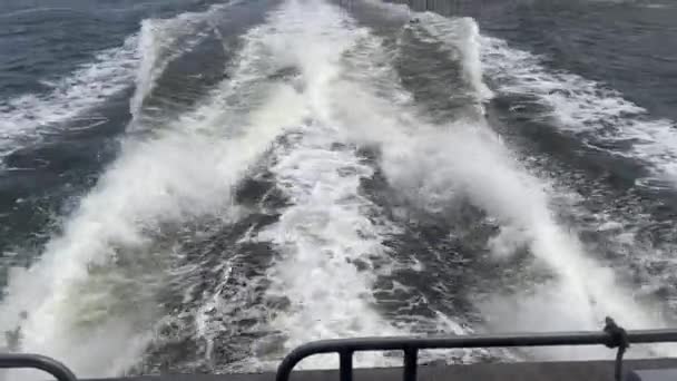 オーストラリアのクイーンズランド州のブリスベン川の大きな旅客フェリーの後ろから弓波の映像 — ストック動画