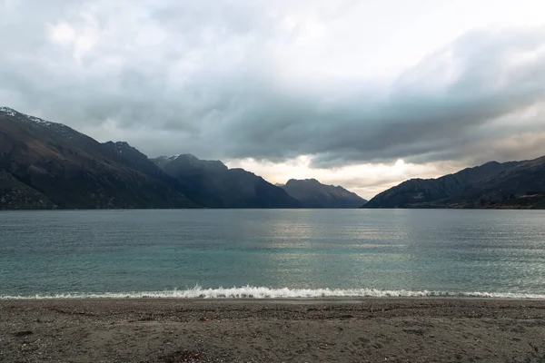 Photograph Mountain Range Surrounding Large Lake South Island New Zealand — Stock Photo, Image