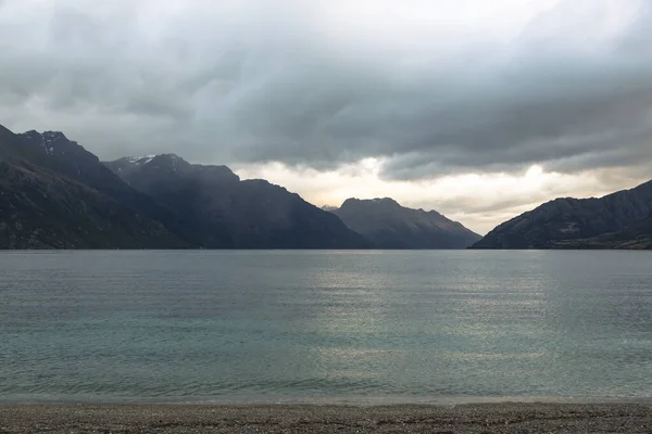 Photograph Mountain Range Surrounding Large Lake South Island New Zealand — Stock Photo, Image