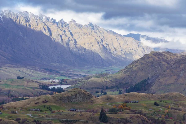 Photograph Coronet Peak Mountain Range Large Agricultural Valley Cloudy Day — Stock Photo, Image