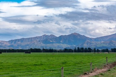 Yeni Zelanda 'nın güney adasında alçak seviyeli gri bulutların bulunduğu büyük yeşil bir tarla boyunca uzanan bir sıradağların fotoğrafı.