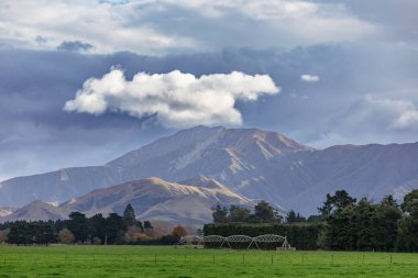 Yeni Zelanda 'nın güney adasında alçak seviyeli gri bulutların bulunduğu büyük yeşil bir tarla boyunca uzanan bir sıradağların fotoğrafı.