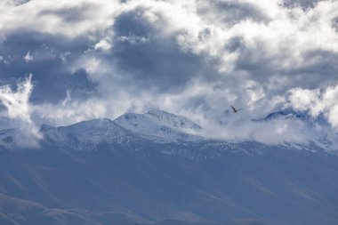 Yeni Zelanda 'nın Güney Adası' ndaki düşük seviyeli gri bulutlarla kaplı bir sıradağların fotoğrafı.