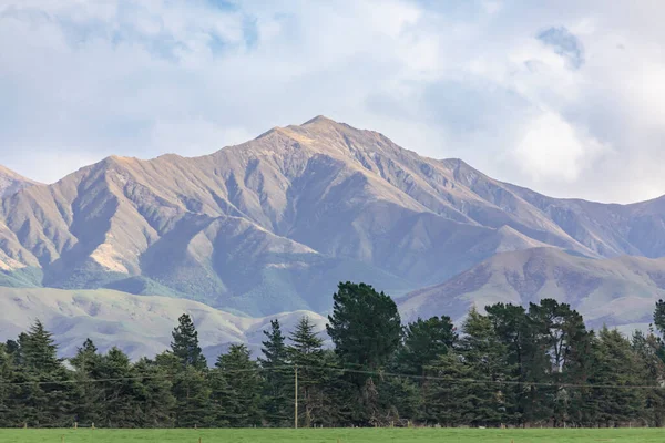 ニュージーランド南島の低レベルの灰色の雲を持つ大きな緑の農業分野の背後に走る山の範囲の写真 — ストック写真