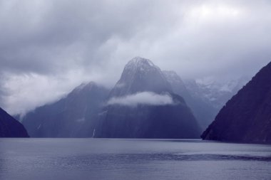 Yeni Zelanda 'nın Güney Adası' ndaki Fiordland Ulusal Parkı 'ndaki Milford Sound' da bulutların ve sisin içindeki dağların fotoğrafı.