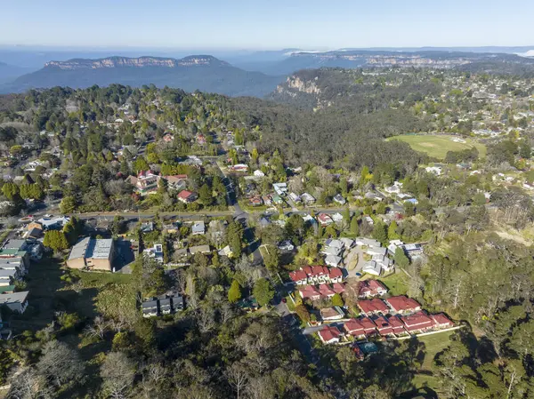 stock image Drone aerial photograph of the township of Leura with a large valley in the background in the upper Blue Mountains in New South Wales in Australia