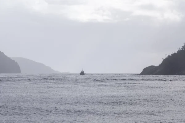 Foto Eines Ausflugsbootes Mit Touristen Einem Bewölkten Tag Milford Sound — Stockfoto