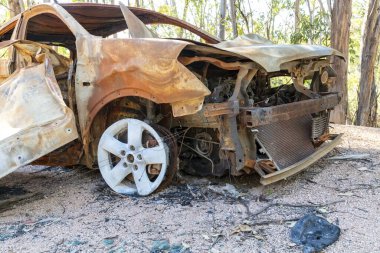Büyük bir ormandaki toprak bir yolda terk edilmiş, sonra da ateşe verilmiş ve yok edilmiş küçük bir arabanın fotoğrafı.
