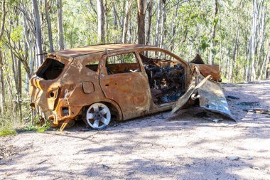 Büyük bir ormandaki toprak bir yolda terk edilmiş, sonra da ateşe verilmiş ve yok edilmiş küçük bir arabanın fotoğrafı.