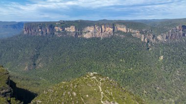 Avustralya 'nın Yeni Güney Galler bölgesindeki Mavi Dağlar' daki Grose Vadisi 'ndeki yemyeşil ağaçların ve uçurumların insansız hava aracı fotoğrafı.