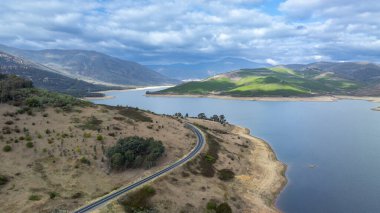 Drone aerial photograph of the Tumut River and Blowering Reservoir in the Snowy Mountains region between the towns of Tumut and Talbingo in the Kosciuszko National Park in New South Wales, Australia. clipart