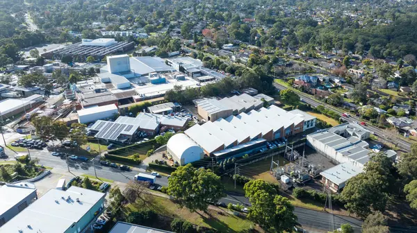 stock image Drone aerial photograph of industrial buildings in the greater Sydney suburb of North Rocks in New South Wales, Australia.