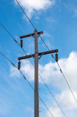 Fotoğraf, Avustralya 'nın Yeni Güney Galler bölgesindeki Mavi Dağlar' da bulunan ahşap bir telefon direğinin tepesine bakıyor..