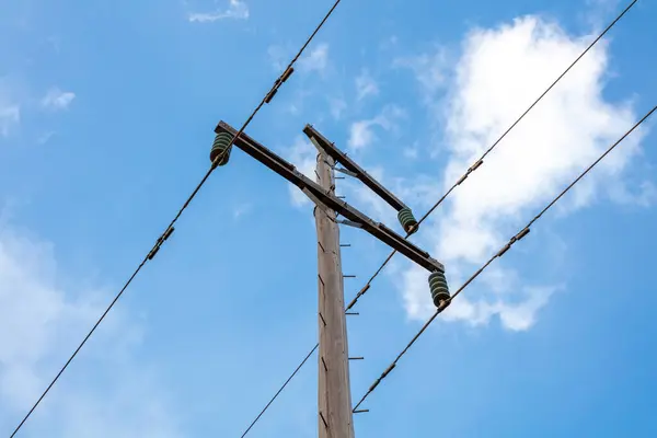 stock image Photograph looking up at the top of a wooden telephone pole in a remote location in the Blue Mountains in New South Wales, Australia.