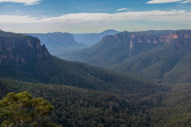 Photograph of bushland and the natural amphitheatre of the scenic Grose Valley near Blackheath in the Blue Mountains in New South Wales, Australia. clipart