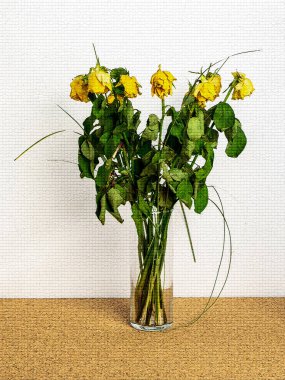 Mozaik arka planda solmuş sarı çiçek buketi, suluboya boya ile boyanmış.