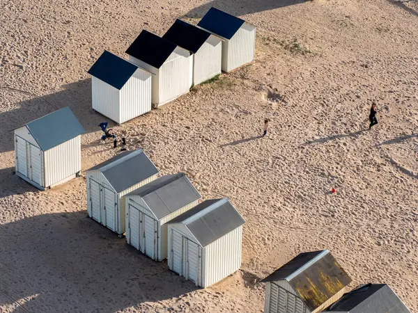 stock image Ouistreham beach in Normandy, view of the wooden beach cabins from above, sand and sun