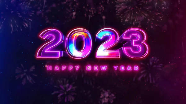 2023 Šťastný Nový Rok Červený Modrý Pruh Neon Ohňostroj Částice — Stock fotografie