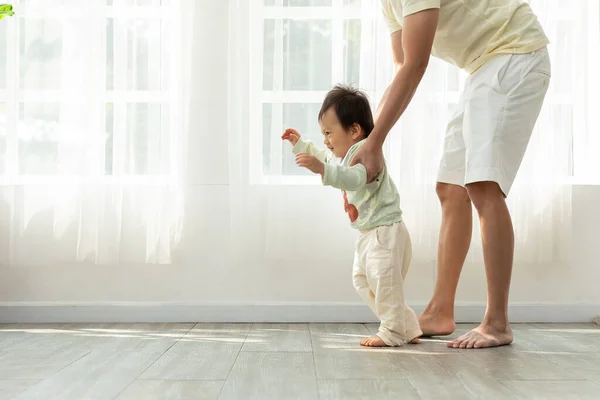 Adorable Asian Baby Toddler Learning Walk Dad Helping Home Little — Stok Foto
