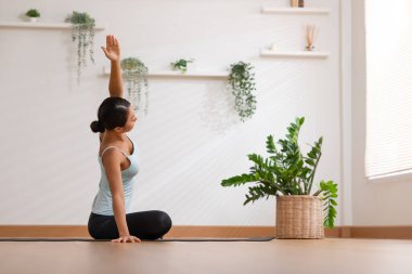 Fit and focused Asian woman practicing yoga in the comfort of her own home. Wearing comfortable clothing, she is performing various yoga poses in living room. Surrounded by natural light and peaceful 