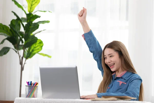 Entrepreneur Beautiful Business Asian Young Woman Working Online Laptop Celebrating — Foto de Stock