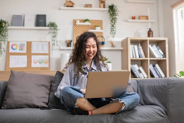 Beautiful Asian Young Woman Wear Casual Sit Couch Using Computer Stock Photo
