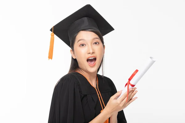 Hermosa Mujer Asiática Atractiva Graduó Gorra Sonrisa Vestido Con Certificado — Foto de Stock