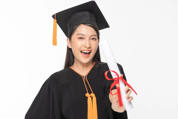 Vacker Attraktiv Asiatisk Kvinna Examen Mössa Och Klänning Leende Med — Stockfoto