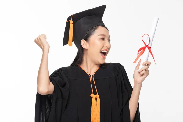 Beautiful Attractive Asian Woman Graduated Cap Gown Smile Certificated Her — Stock Photo, Image