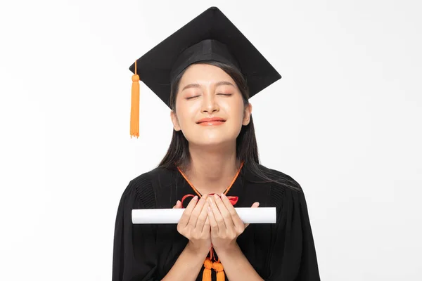 Beautiful Attractive Asian Woman Graduate Cap Gown Smile Certificated Her — Stok Foto