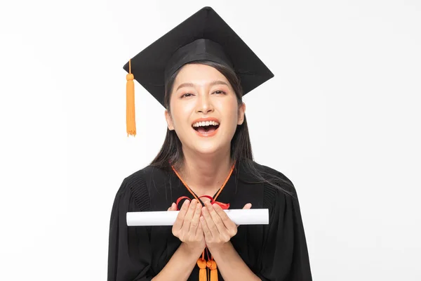 Vacker Attraktiv Asiatisk Kvinna Examen Mössa Och Klänning Leende Med — Stockfoto