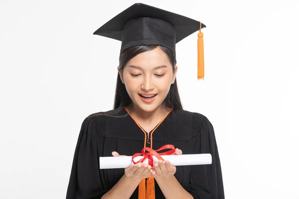 Beautiful Attractive Asian Woman Graduate Cap Gown Smile Certificated Her — Stok Foto