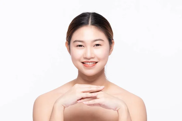 Schöne Asiatische Frau Berührt Weiches Wangenlächeln Mit Sauberer Und Frischer — Stockfoto