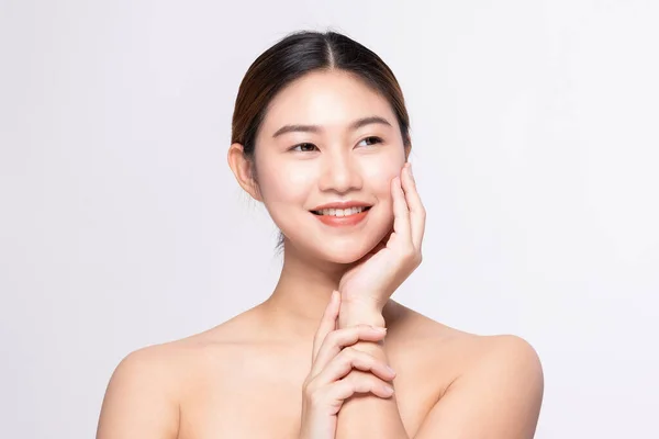 Beautiful Asian Woman Touching Soft Cheek Smile Clean Fresh Skin — Stock Photo, Image