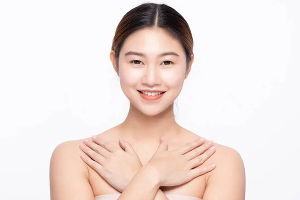 Gyönyörű Ázsiai Megható Puha Arc Mosoly Tiszta Friss Bőr Boldogság — Stock Fotó