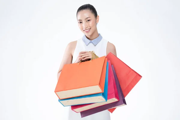 Bella Attraente Asiatico Donna Sorriso Tenendo Shopping Bags Sentimento Così — Foto Stock