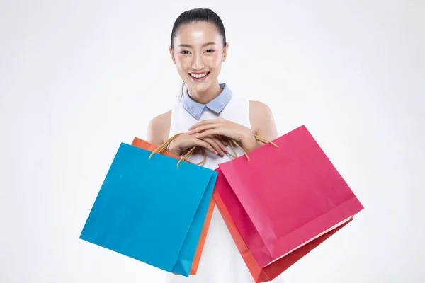 Hermosa Mujer Asiática Atractiva Sonrisa Celebración Bolsas Compras Sensación Felicidad —  Fotos de Stock